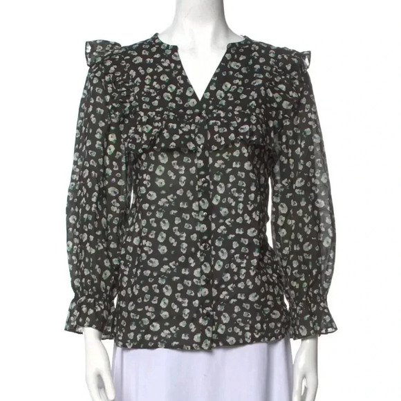 BA&SH Black Green Button Down Ruffle Floral Blouse size Medium lady shirt - Picture 1 of 13